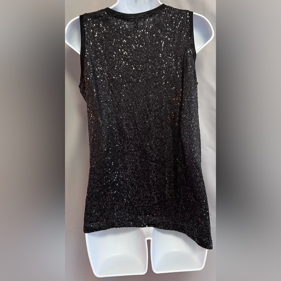 Eileen Fisher Black Silk Stretch Sequin Asymmetrical Tank w/Side Slit Sz PP - Picture 5 of 13